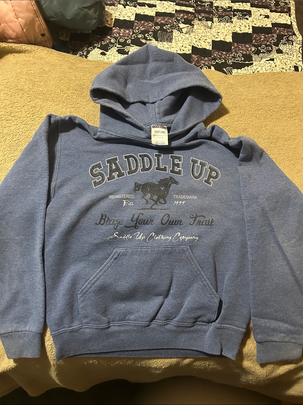 Jerzees Navy Blue Pullover Hoodie with Saddle Up Horse Print